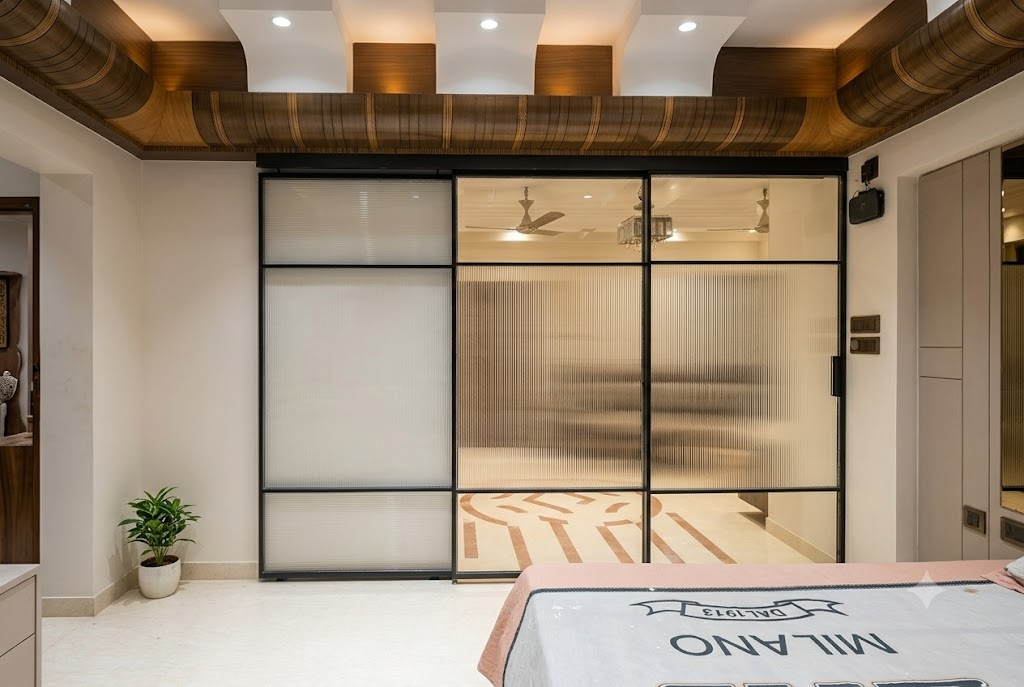 Black slim frame double glass sliding door with minimalist handle