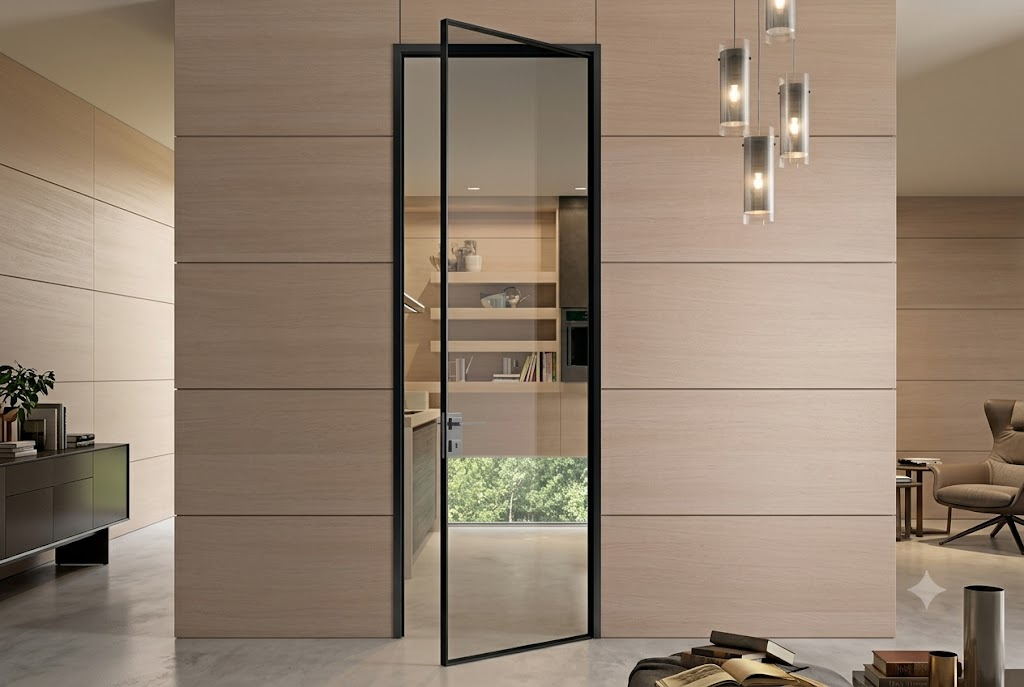 Modern black slim profile aluminium glass swing door for living room and kitchen entrance